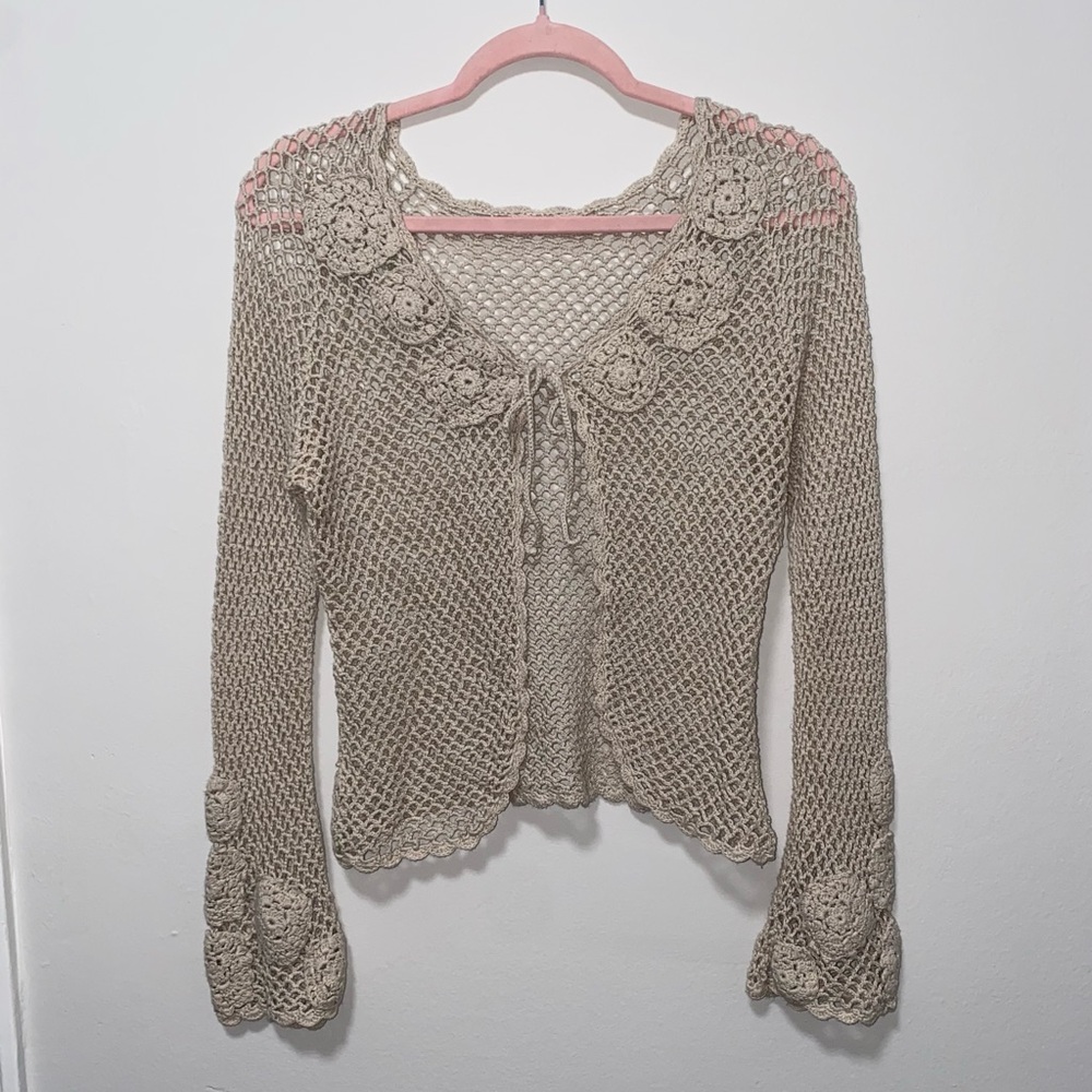 CUTE Cottagecore Fairy Whimsy Crochet Handmade Cream Floral Bell Sleeve Cardigan